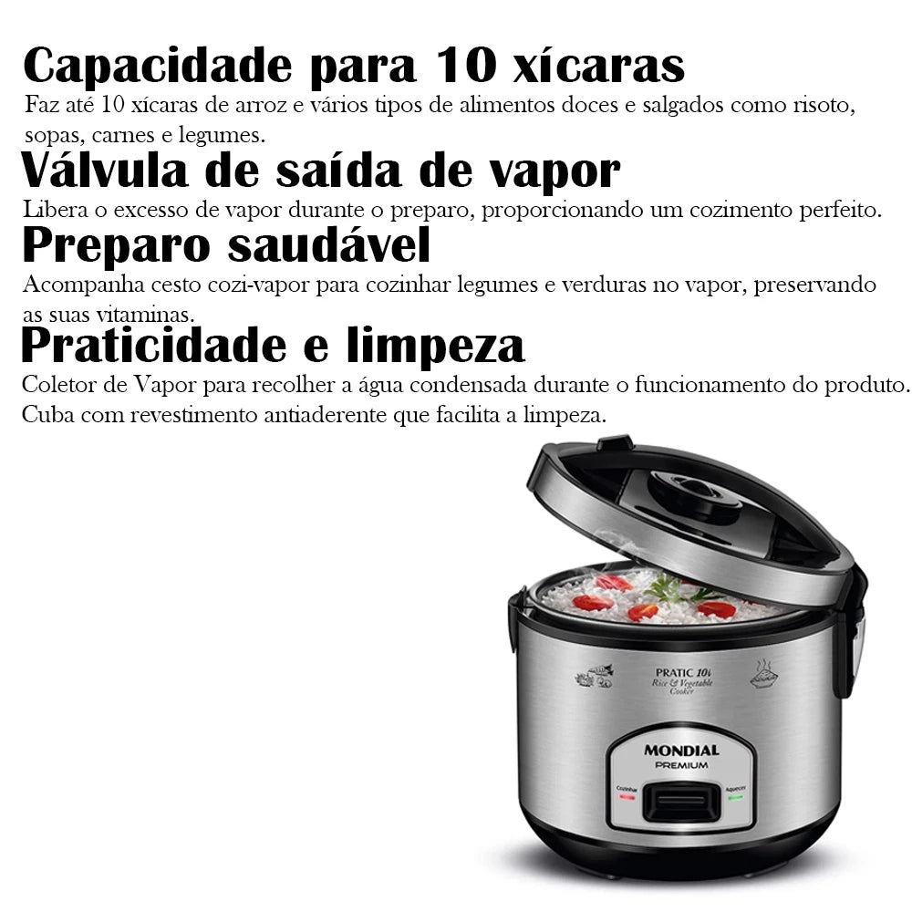 Panela de Arroz Elétrica Mondial Pratic Premium -10L -700W -PE-42-10X -220V