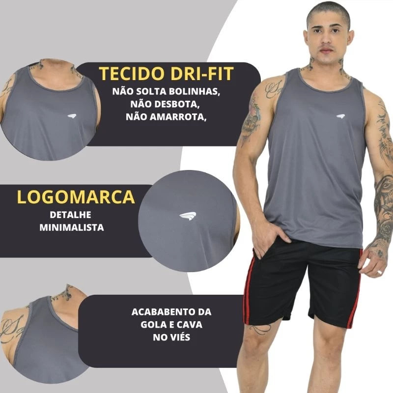 Kit 3 Men's Dry Fit Long Premium Fitness Tank Tops for Training and Gym