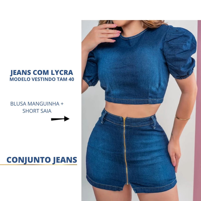 CONJUNTO FEMININO DE BLUSA E SHORT SAIA JEANS