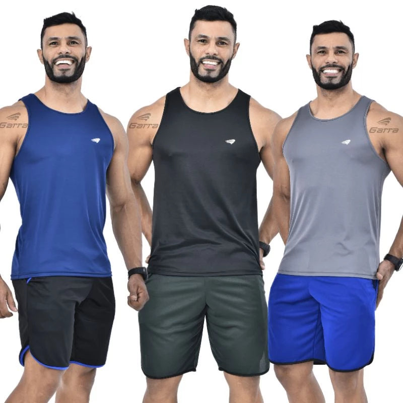 Kit 3 Men's Dry Fit Long Premium Fitness Tank Tops for Training and Gym