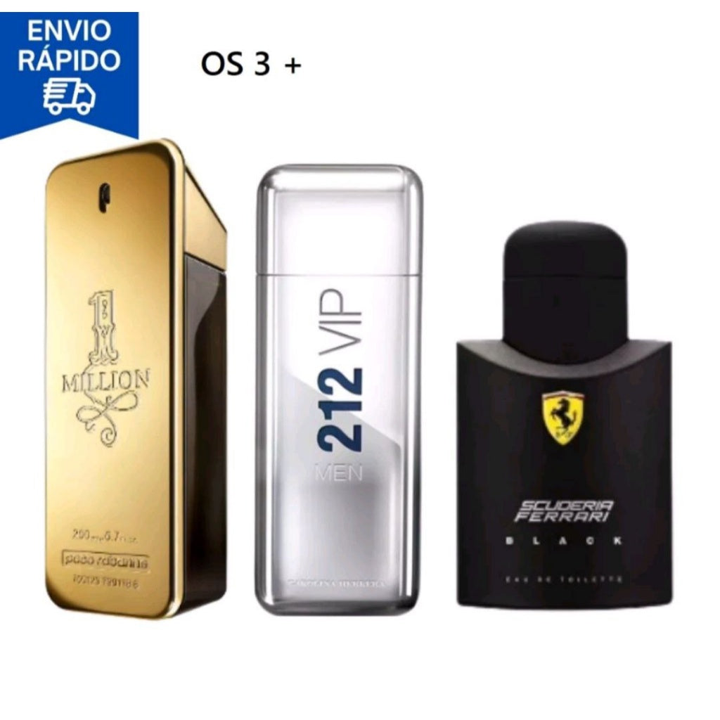 Kit 3 Perfumes Masculinos: 212 vip men Ferrari black e One Million