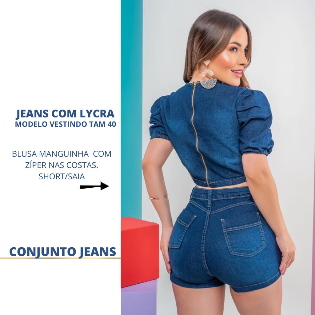 CONJUNTO FEMININO DE BLUSA E SHORT SAIA JEANS