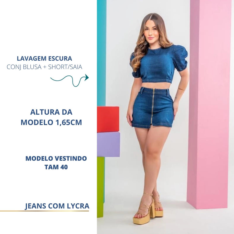 CONJUNTO FEMININO DE BLUSA E SHORT SAIA JEANS