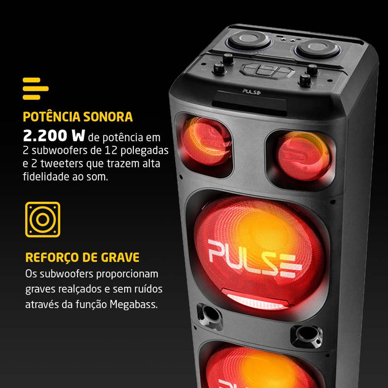 Caixa de Som Amplificada Torre de 12 Pol. 2200W com Bluetooth, Auxiliar, SD, USB, FM e LED BIVOLT Pulse - SP500