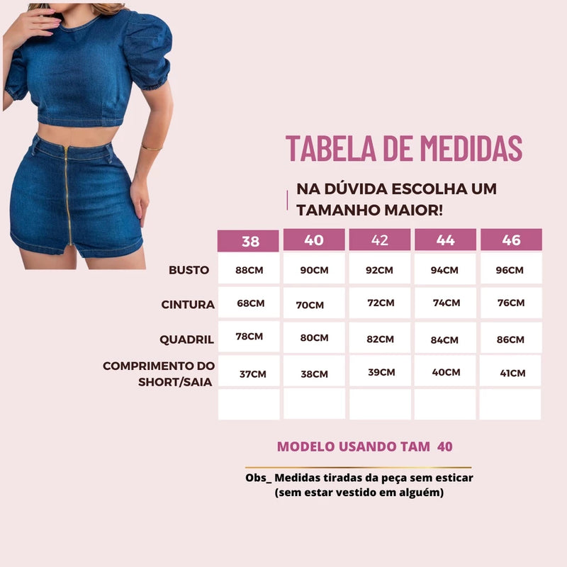 CONJUNTO FEMININO DE BLUSA E SHORT SAIA JEANS