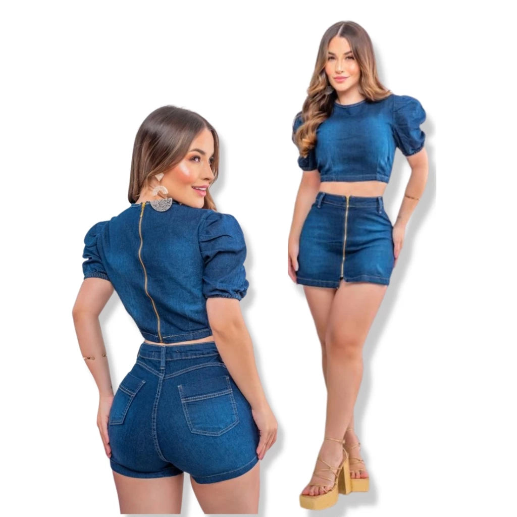 CONJUNTO FEMININO DE BLUSA E SHORT SAIA JEANS