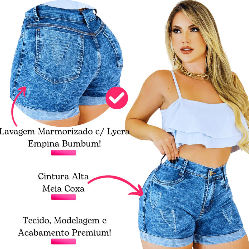 Short Jeans Feminino Cintura Alta Meia Coxa Levanta Bumbum Lycra Marmorizado