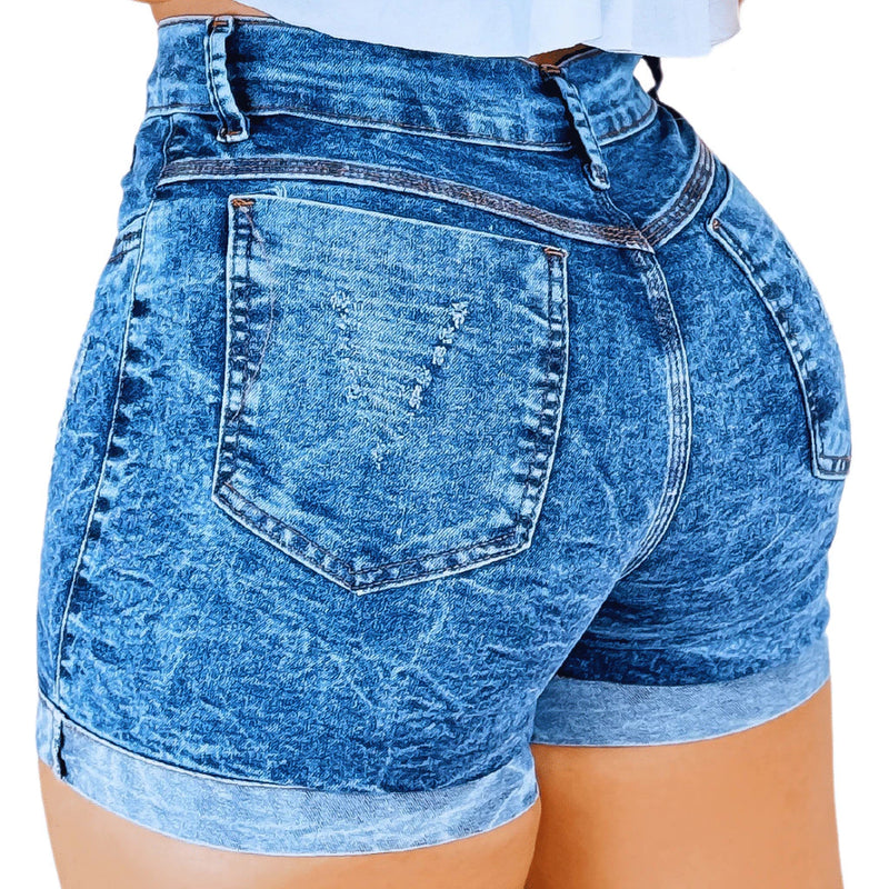 Short Jeans Feminino Cintura Alta Meia Coxa Levanta Bumbum Lycra Marmorizado