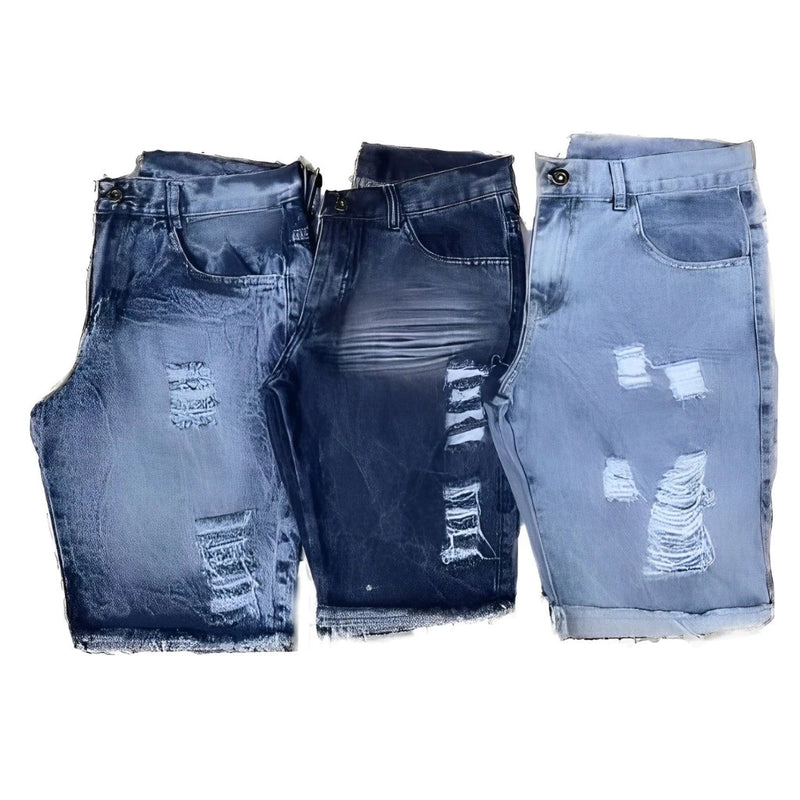 KIT 3 Shorts masculinos Bermuda Jeans rasgados Estilo fashion masculino Outlet de fábrica