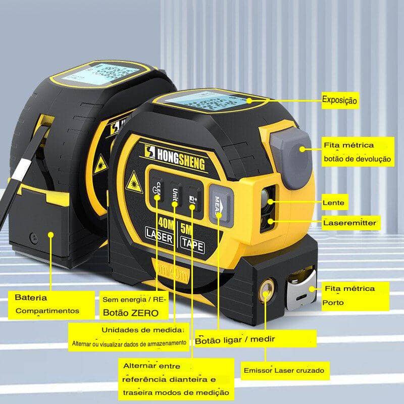 Trena Digital Laser LCD 3 em 1 Com Fita Métrica Multifunções