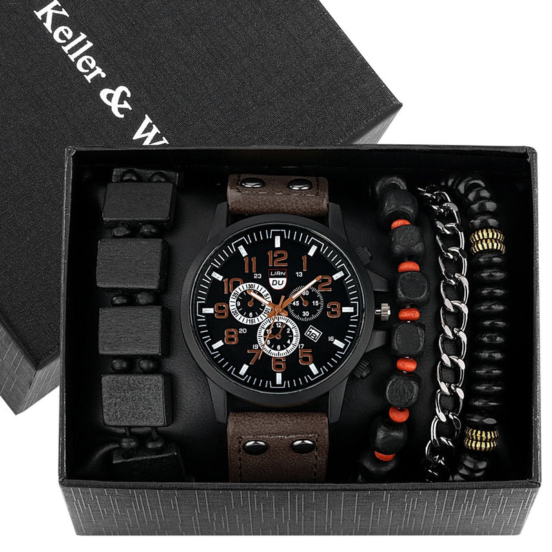 Relógio Masculino Quartzo Kit com Quatro Pulseiras