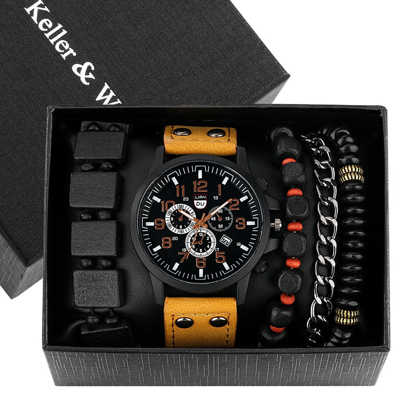 Relógio Masculino Quartzo Kit com Quatro Pulseiras